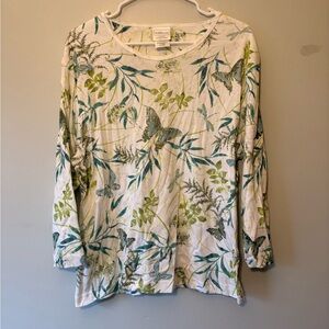 Morning Sun Nature-Inspired 3/4 Sleeve Green and White Top, Size XL Women’s